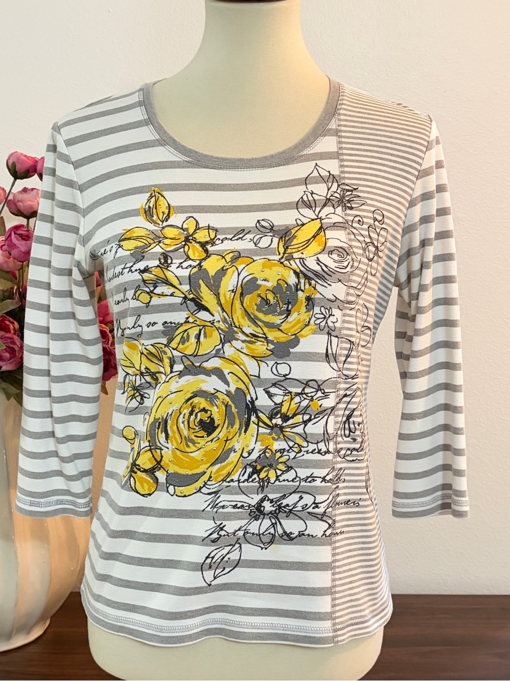 Karen Scott Yellow Floral Striped 3/4 Sleeve Tee